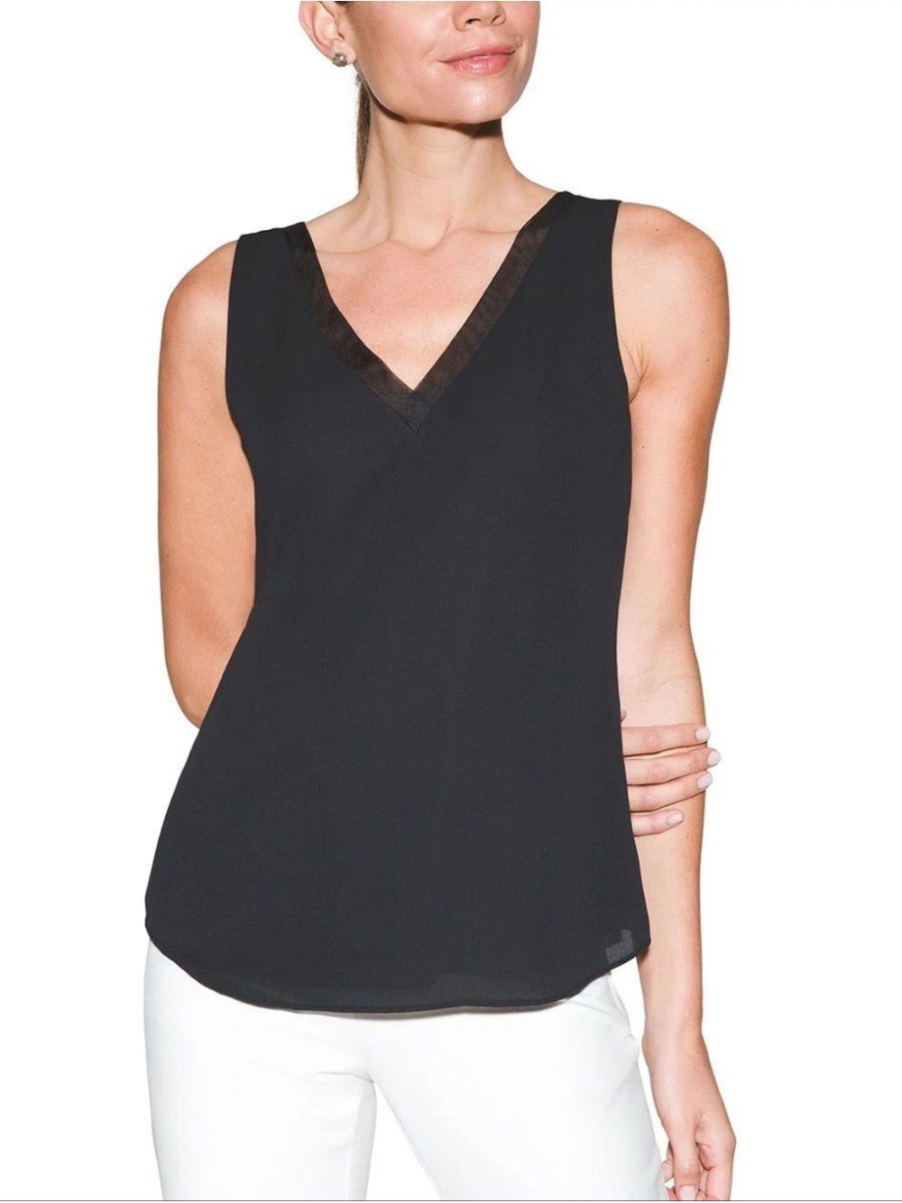 White House Black Market Black V Neck Sheer Sleeveless Blouse Tank M